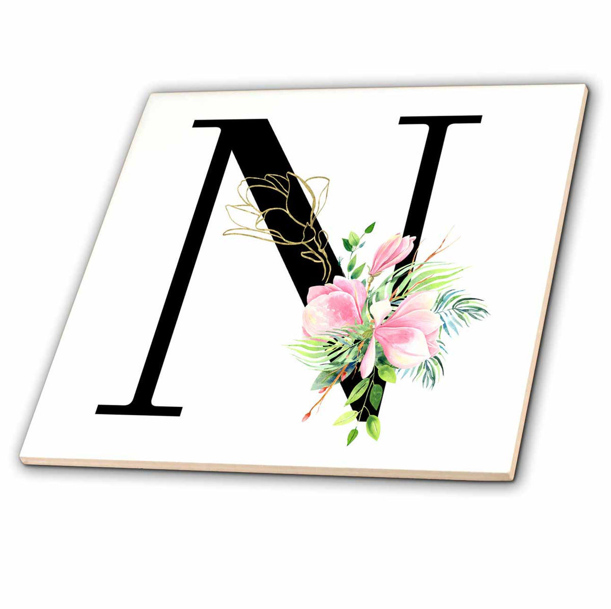 3dRose Chic Black Monogram Initial N with Pretty Pink Flowers - Tiles (ct-377548)