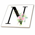 3dRose Chic Black Monogram Initial N with Pretty Pink Flowers - Tiles (ct-377548)