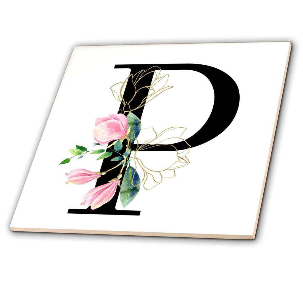 3dRose Chic Black Monogram Initial P with Pretty Pink Flowers - Tiles (ct-377549)