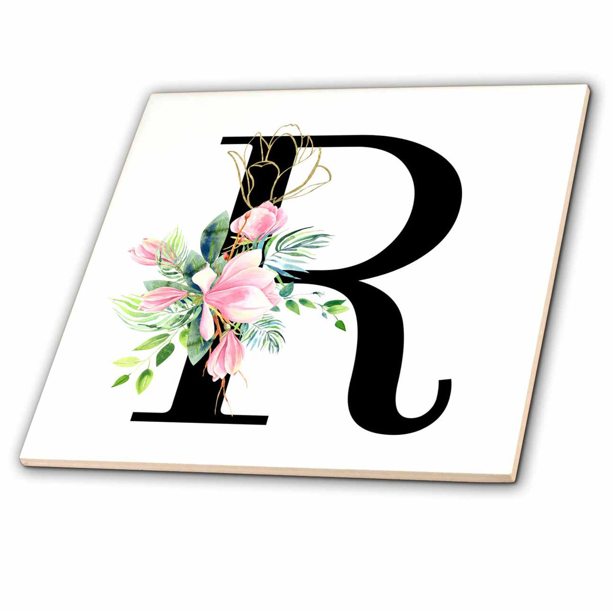 3dRose Chic Black Monogram Initial R with Pretty Pink Flowers - Tiles (ct-377550)