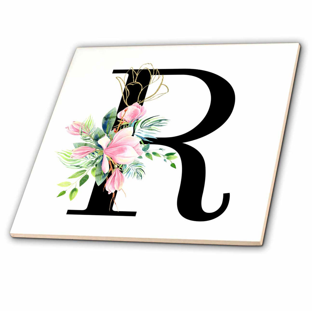 3dRose Chic Black Monogram Initial R with Pretty Pink Flowers - Tiles (ct-377550)