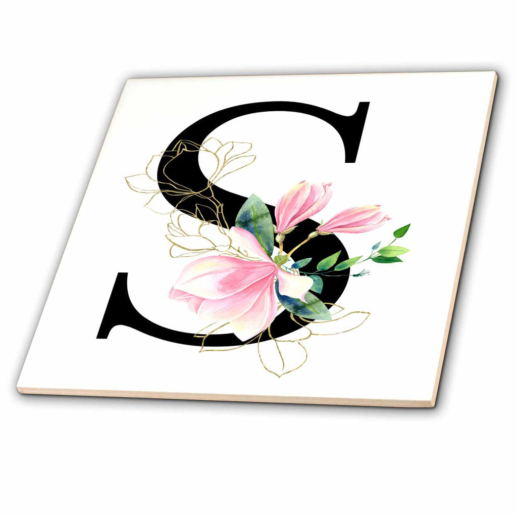 3dRose Chic Black Monogram Initial S with Pretty Pink Flowers - Tiles (ct-377551)