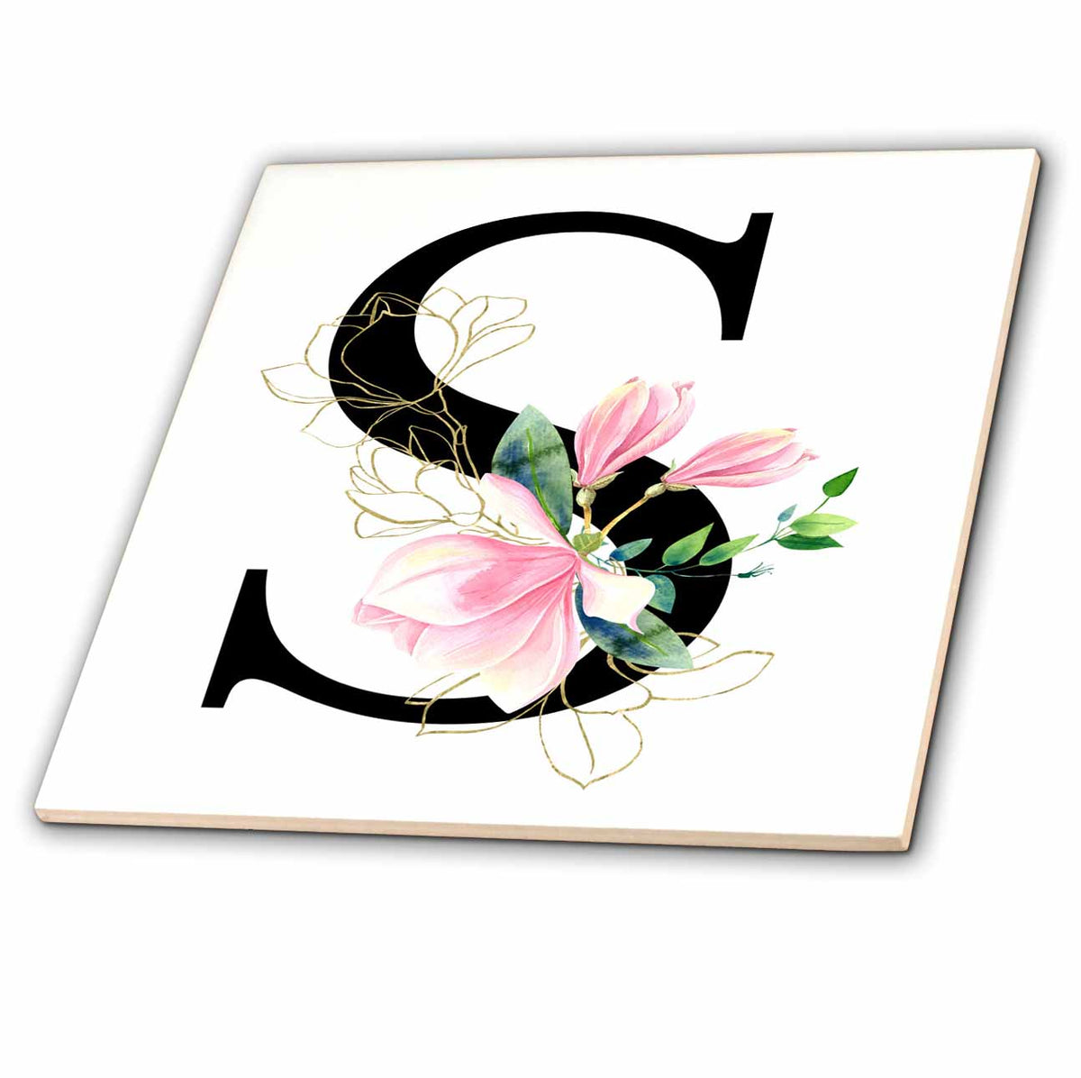 3dRose Chic Black Monogram Initial S with Pretty Pink Flowers - Tiles (ct-377551)