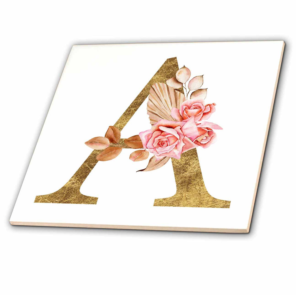 3dRose Elegant Image and Gold Boho Flower Monogram Initial A - Tiles (ct-378230)