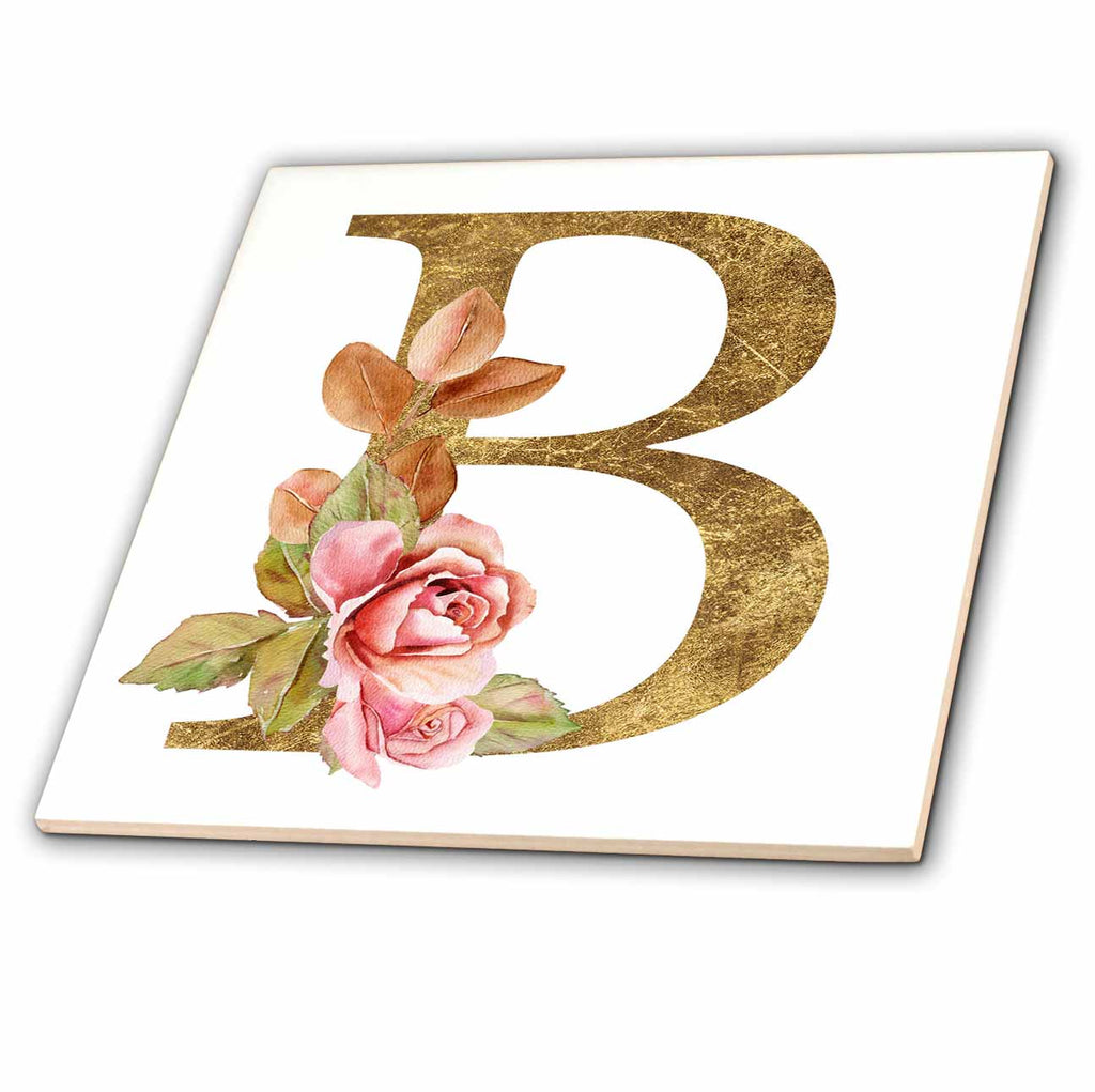 3dRose Elegant Image and Gold Boho Flower Monogram Initial B - Tiles (ct-378231)