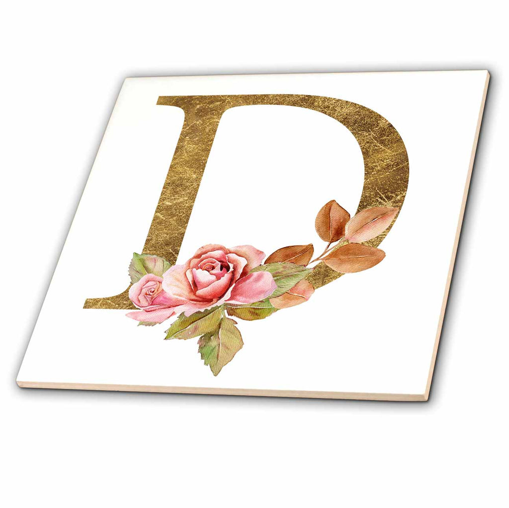 3dRose Elegant Image and Gold Boho Flower Monogram Initial D - Tiles (ct-378233)