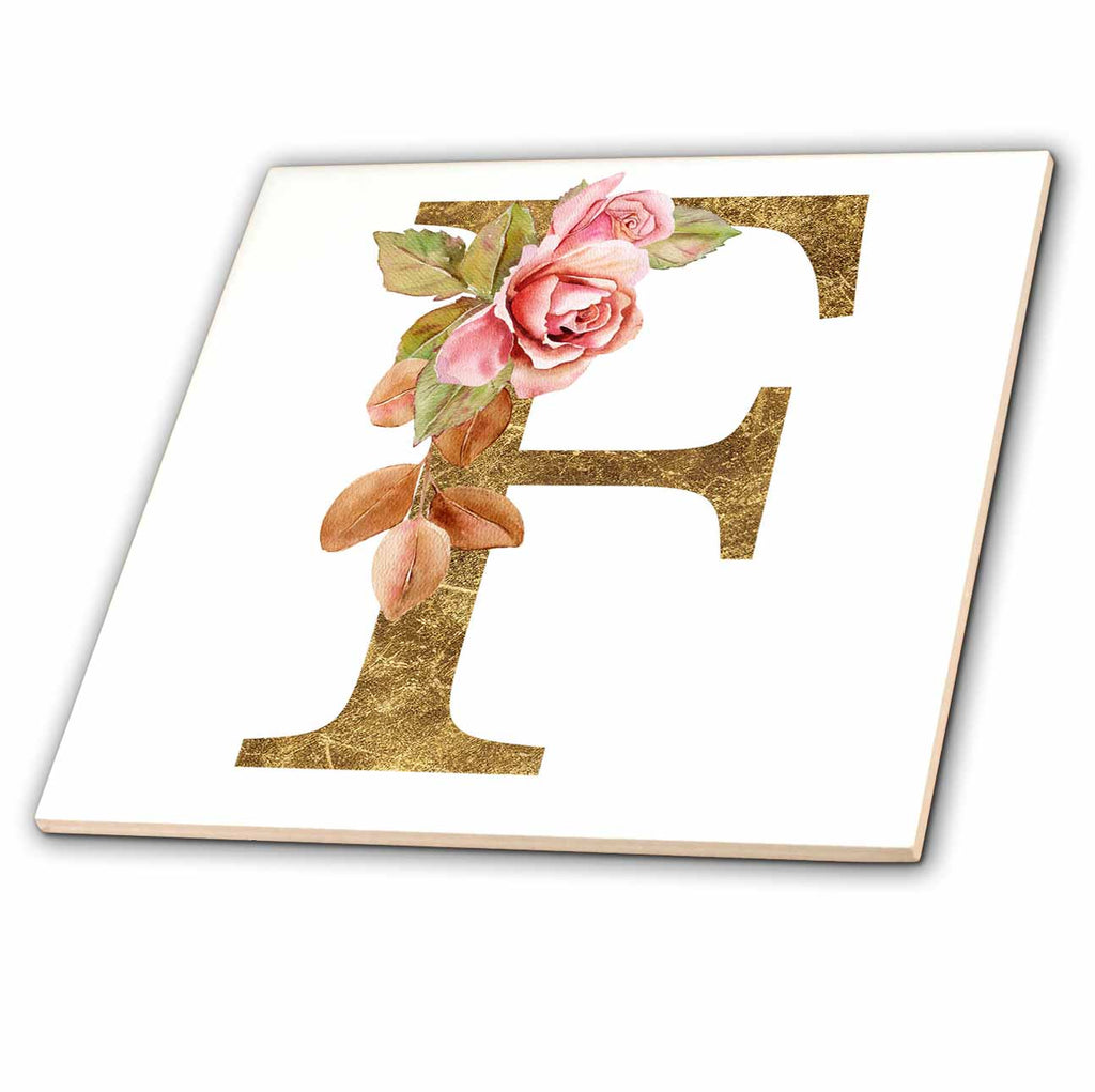3dRose Elegant Image and Gold Boho Flower Monogram Initial F - Tiles (ct-378234)