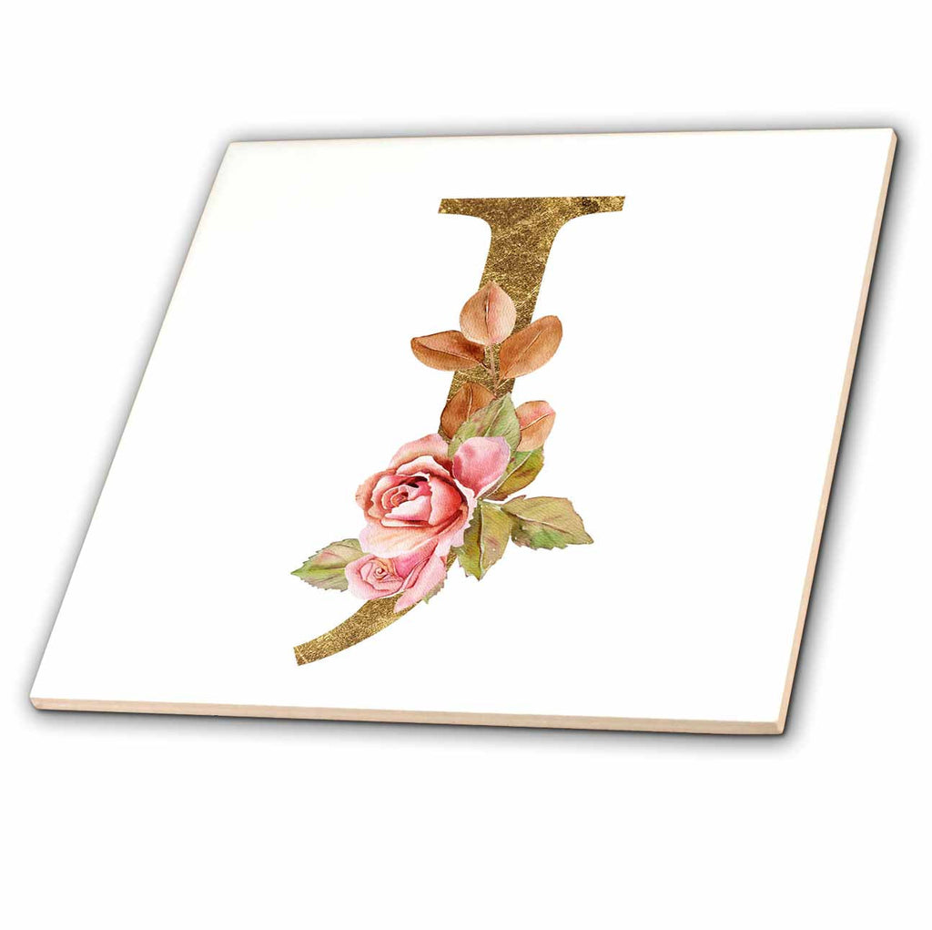 3dRose Elegant Image and Gold Boho Flower Monogram Initial J - Tiles (ct-378237)