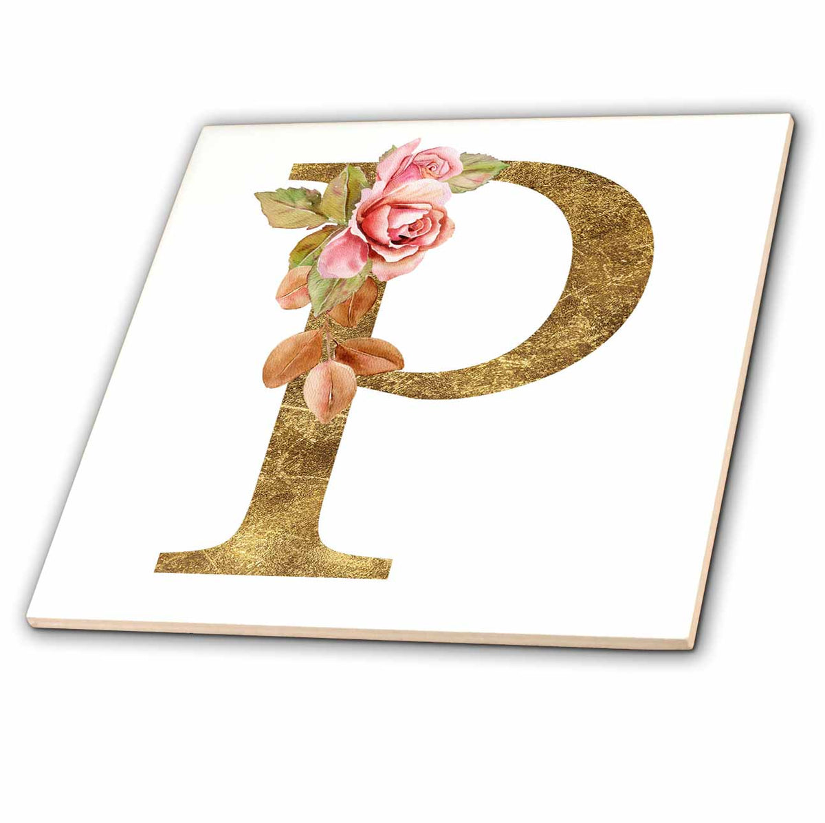 3dRose Elegant Image and Gold Boho Flower Monogram Initial P - Tiles (ct-378242)