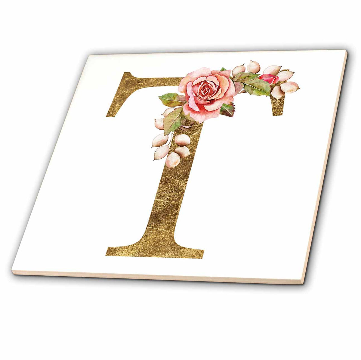 3dRose Elegant Image and Gold Boho Flower Monogram Initial T - Tiles (ct-378245)