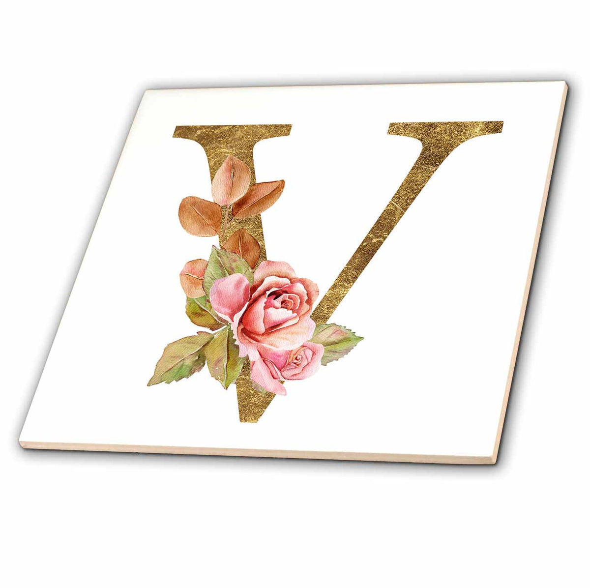 3dRose Elegant Image and Gold Boho Flower Monogram Initial V - Tiles (ct-378246)