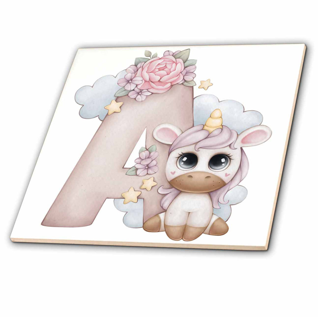 3dRose Anne Marie Baugh - Monograms - Cute Pink Unicorn Monogram Initial A - Tiles (ct-378250)
