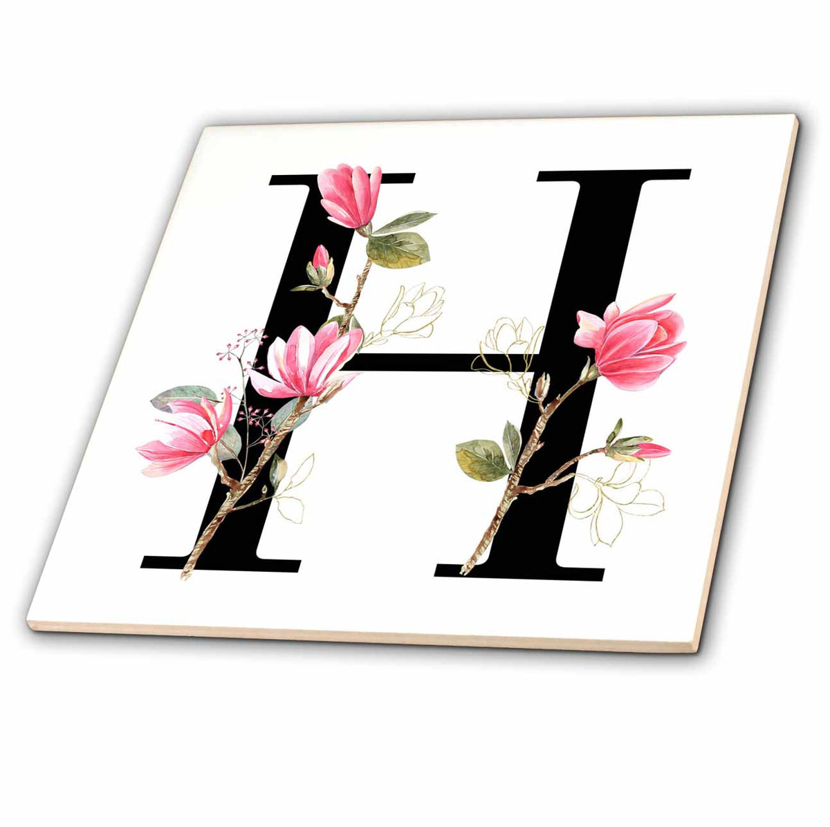3dRose Pretty Pink Magnolia Flower Monogram Initial H - Tiles (ct-378276)