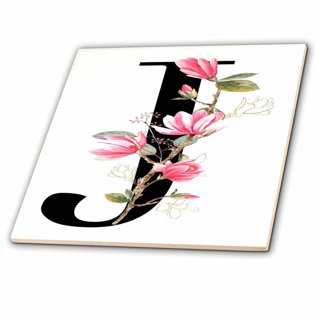 3dRose Pretty Pink Magnolia Flower Monogram Initial J - Tiles (ct-378277)