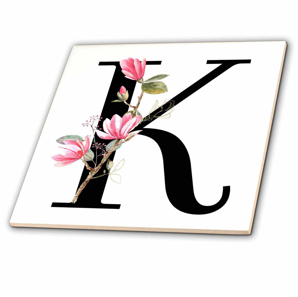 3dRose Pretty Pink Magnolia Flower Monogram Initial K - Tiles (ct-378278)