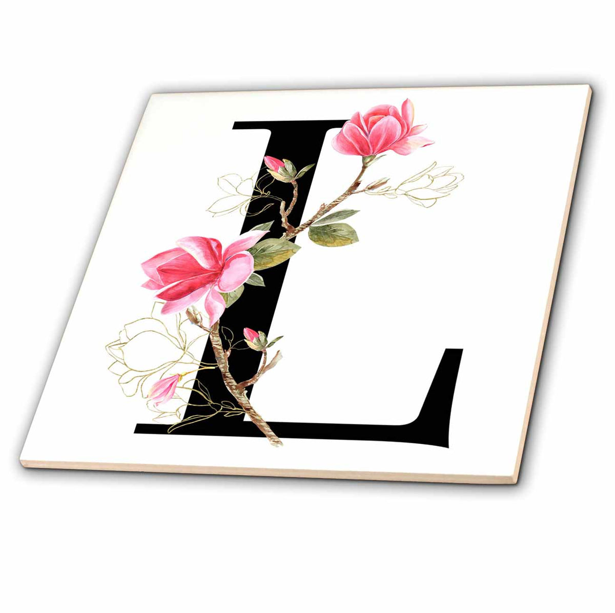 3dRose Pretty Pink Magnolia Flower Monogram Initial L - Tiles (ct-378279)