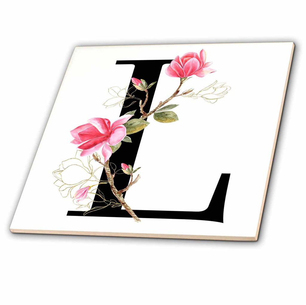3dRose Pretty Pink Magnolia Flower Monogram Initial L - Tiles (ct-378279)