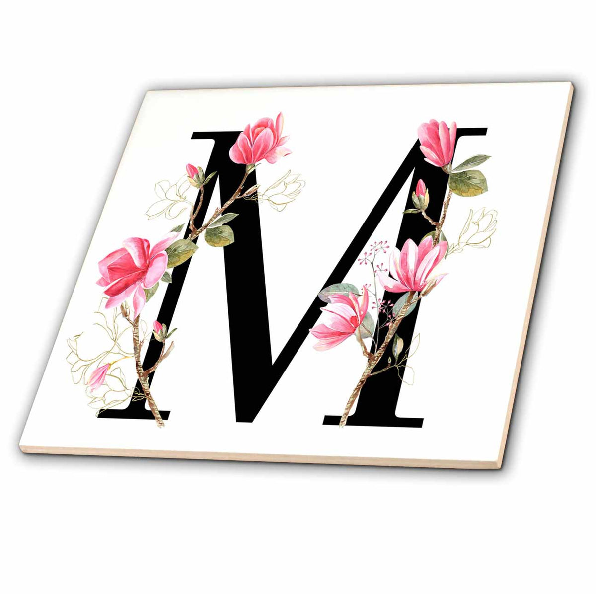 3dRose Pretty Pink Magnolia Flower Monogram Initial M - Tiles (ct-378280)