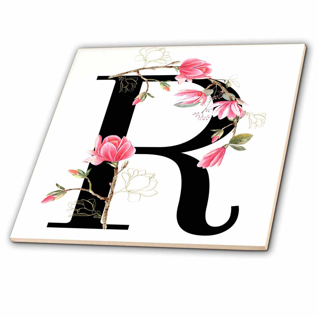 3dRose Pretty Pink Magnolia Flower Monogram Initial R - Tiles (ct-378283)