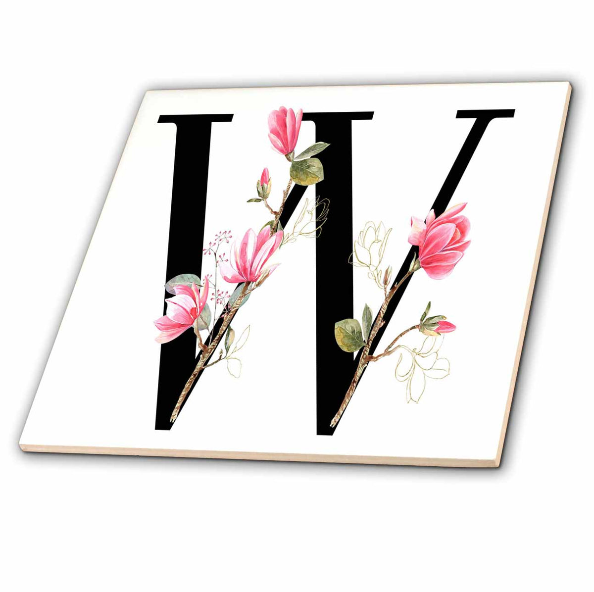 3dRose Pretty Pink Magnolia Flower Monogram Initial W - Tiles (ct-378287)