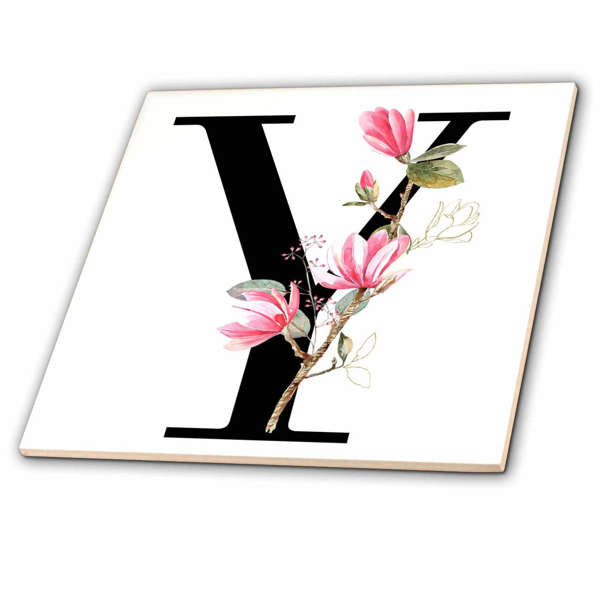 3dRose Pretty Pink Magnolia Flower Monogram Initial Y - Tiles (ct-378288)