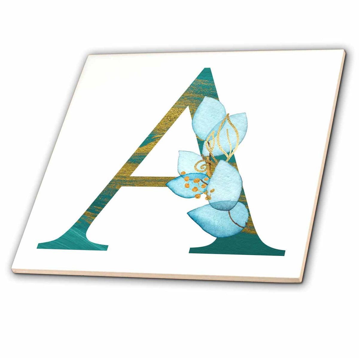 3dRose Turquoise and Image of Gold Leafy Monogram Initial A - Tiles (ct-378290)