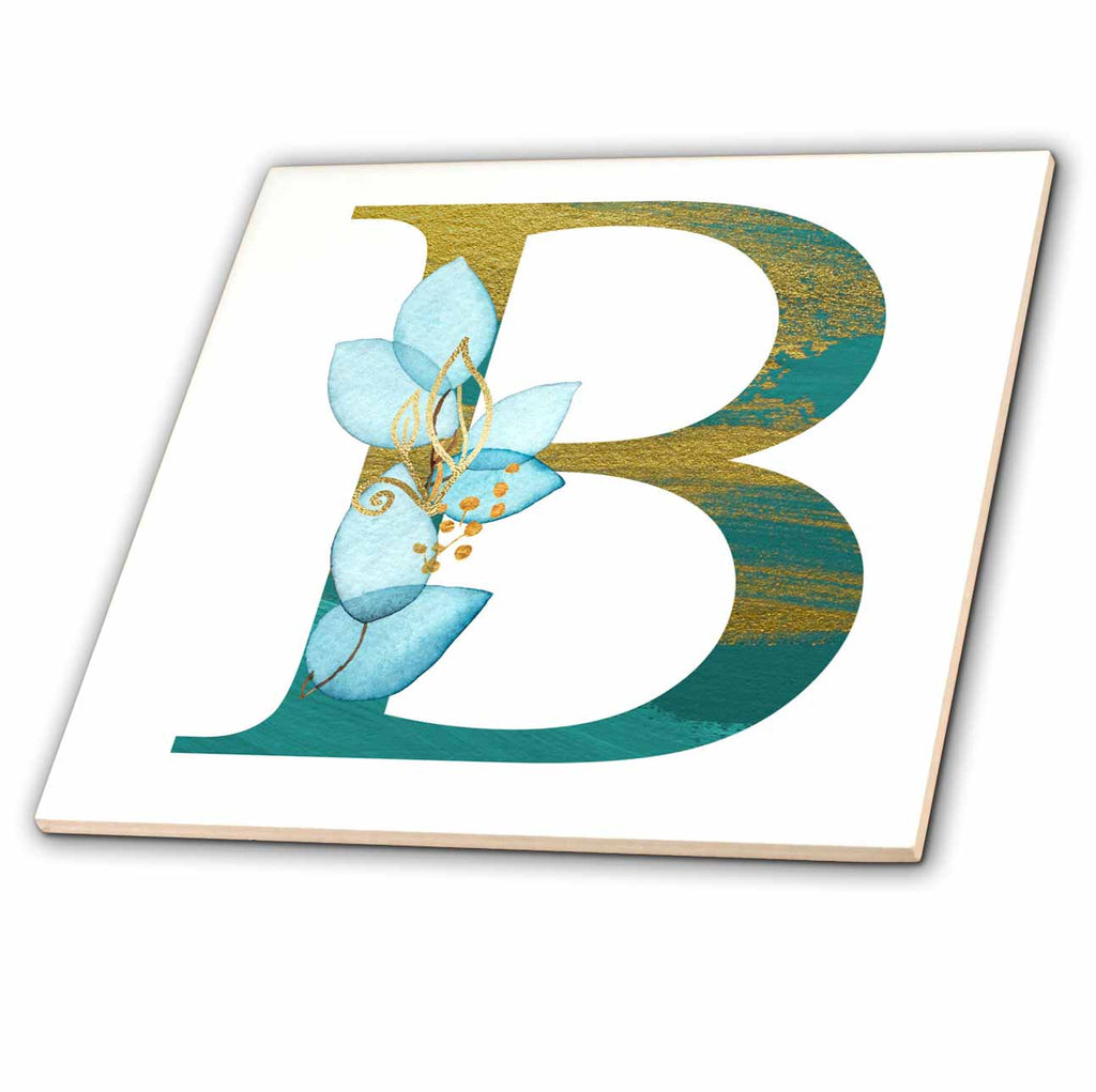 3dRose Turquoise and Image of Gold Leafy Monogram Initial B - Tiles (ct-378291)