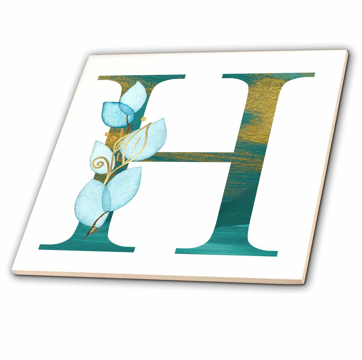 3dRose Turquoise and Image of Gold Leafy Monogram Initial H - Tiles (ct-378296)