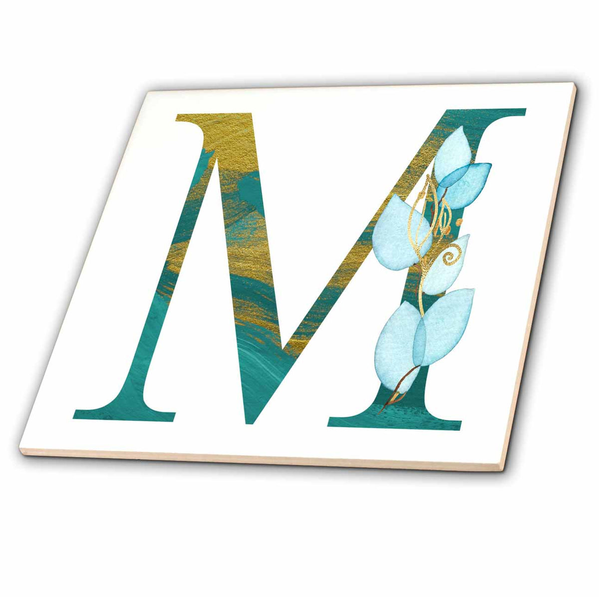 3dRose Turquoise and Image of Gold Leafy Monogram Initial M - Tiles (ct-378300)