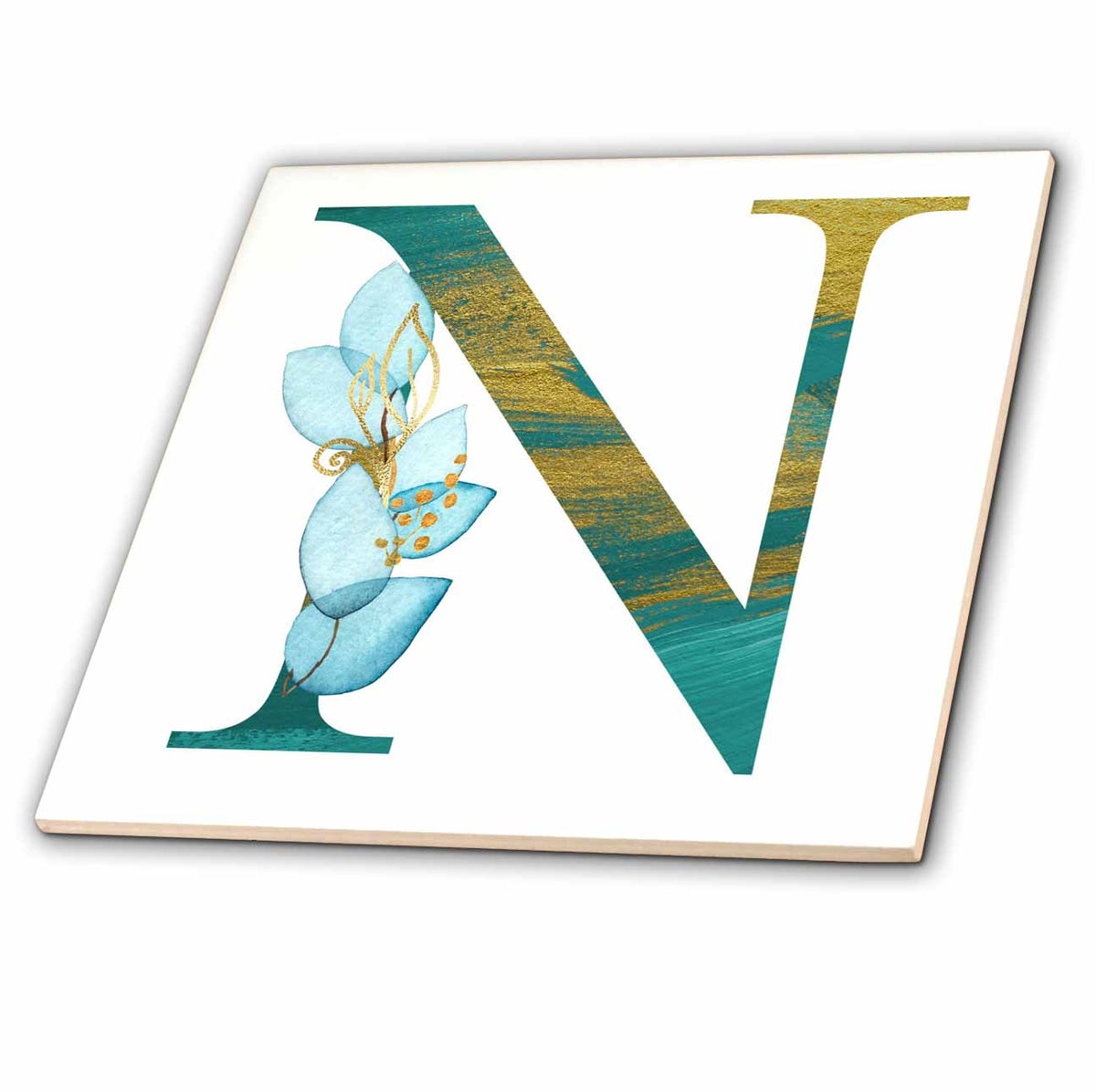 3dRose Turquoise and Image of Gold Leafy Monogram Initial N - Tiles (ct-378301)