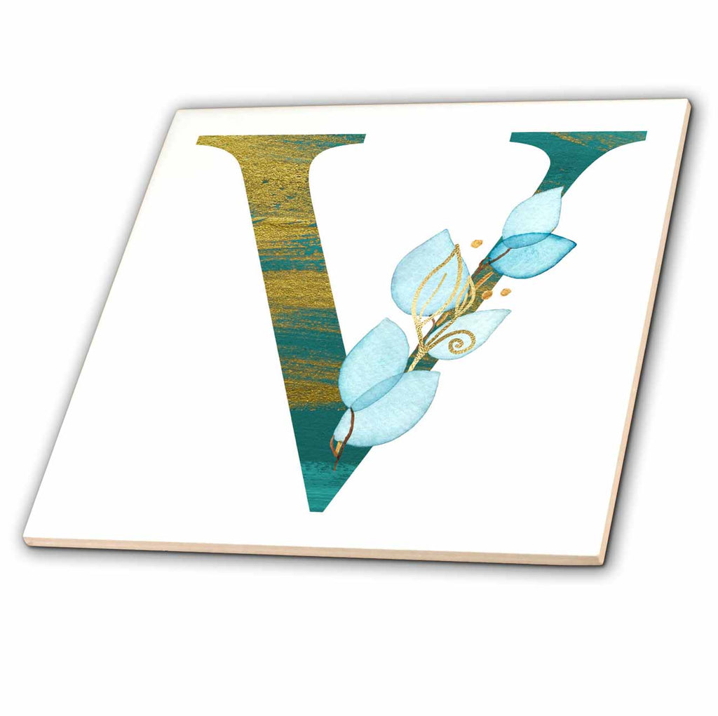 3dRose Turquoise and Image of Gold Leafy Monogram Initial V - Tiles (ct-378306)