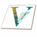 3dRose Turquoise and Image of Gold Leafy Monogram Initial V - Tiles (ct-378306)