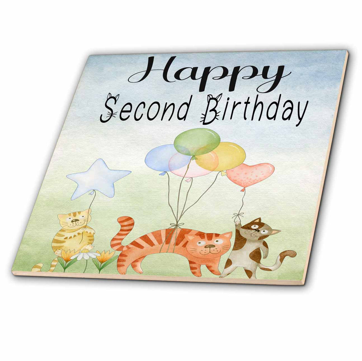 3dRose Cute Whimsical Cats Happy Second Birthday - Tiles (ct-379911)