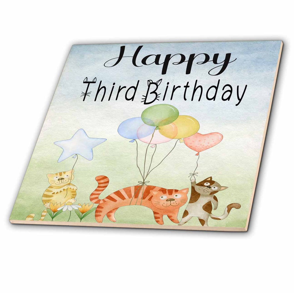 3dRose Cute Whimsical Cats Happy Third Birthday - Tiles (ct-379912)