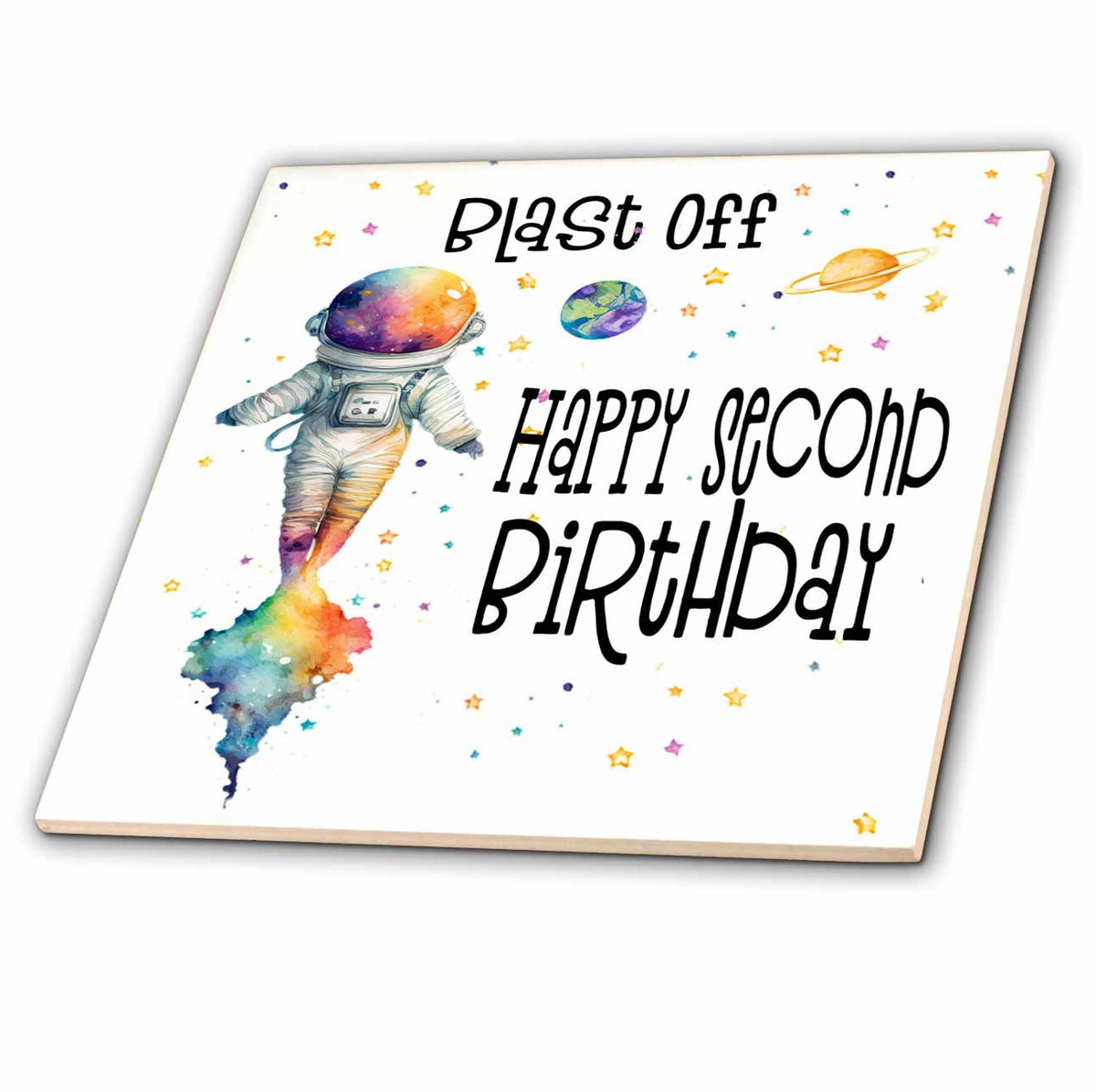 3dRose Cute Astronaut Blast Off Happy Second Birthday - Tiles (ct-379931)
