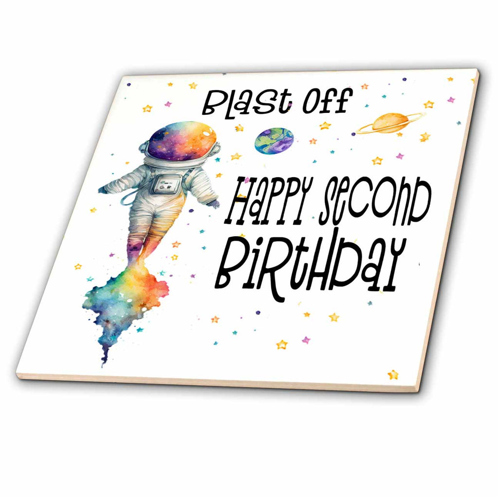 3dRose Cute Astronaut Blast Off Happy Second Birthday - Tiles (ct-379931)