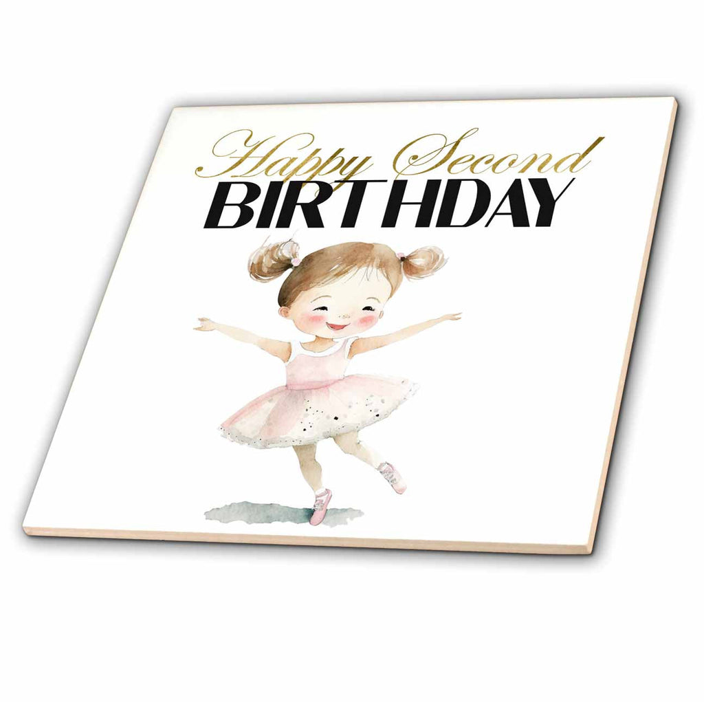 3dRose Cute Dancing Ballerina Happy Second Birthday - Tiles (ct-379941)