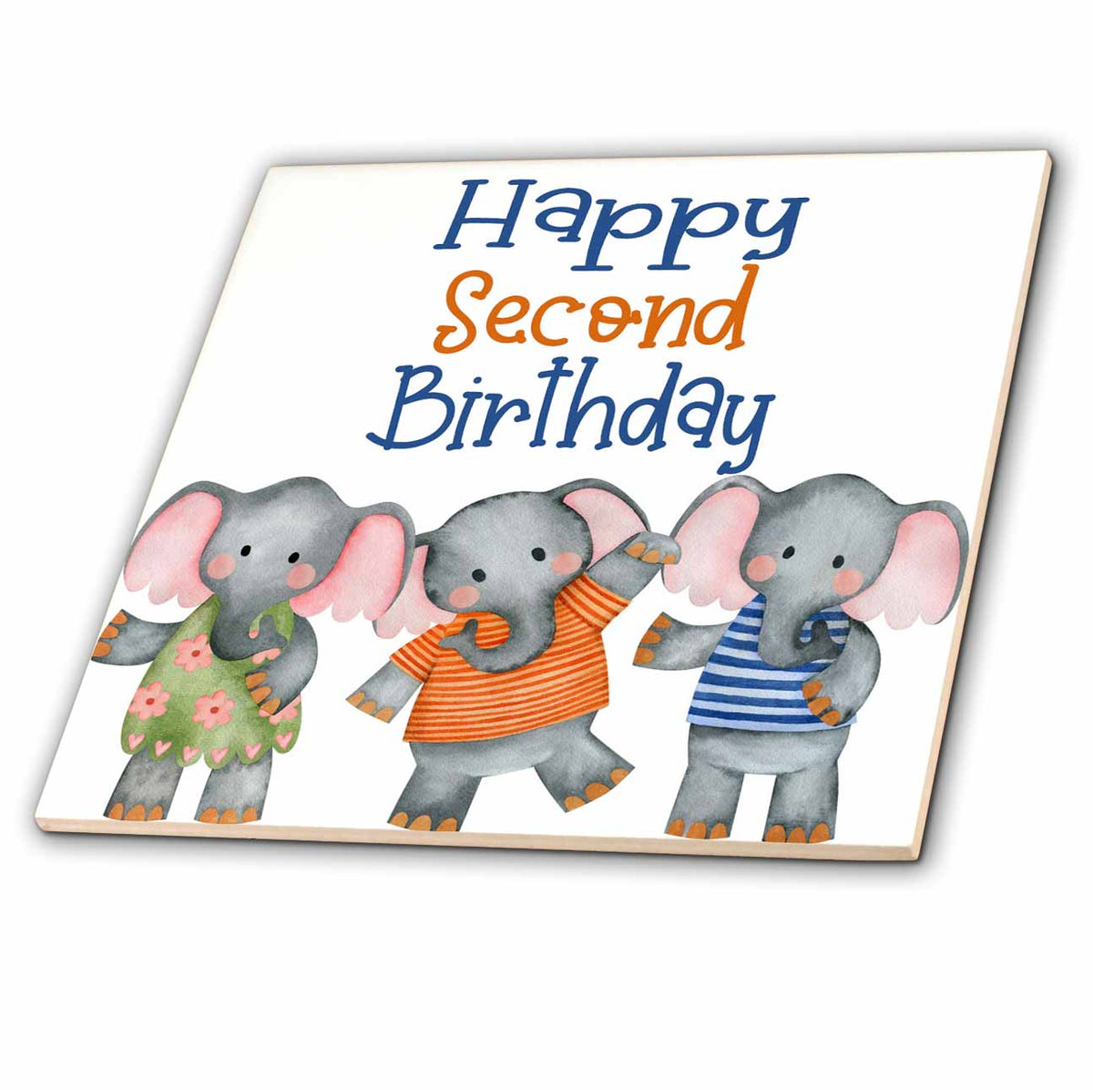 3dRose Cute Elephants Happy Second Birthday - Tiles (ct-379991)