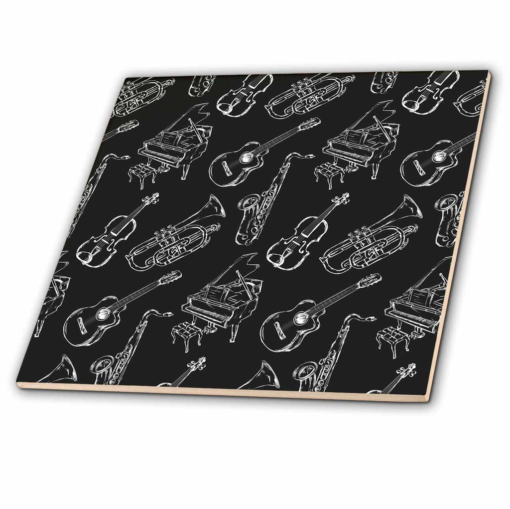 3dRose Anne Marie Baugh - Patterns - Black and White Musical Instruments Pattern - Tiles (ct-380335)