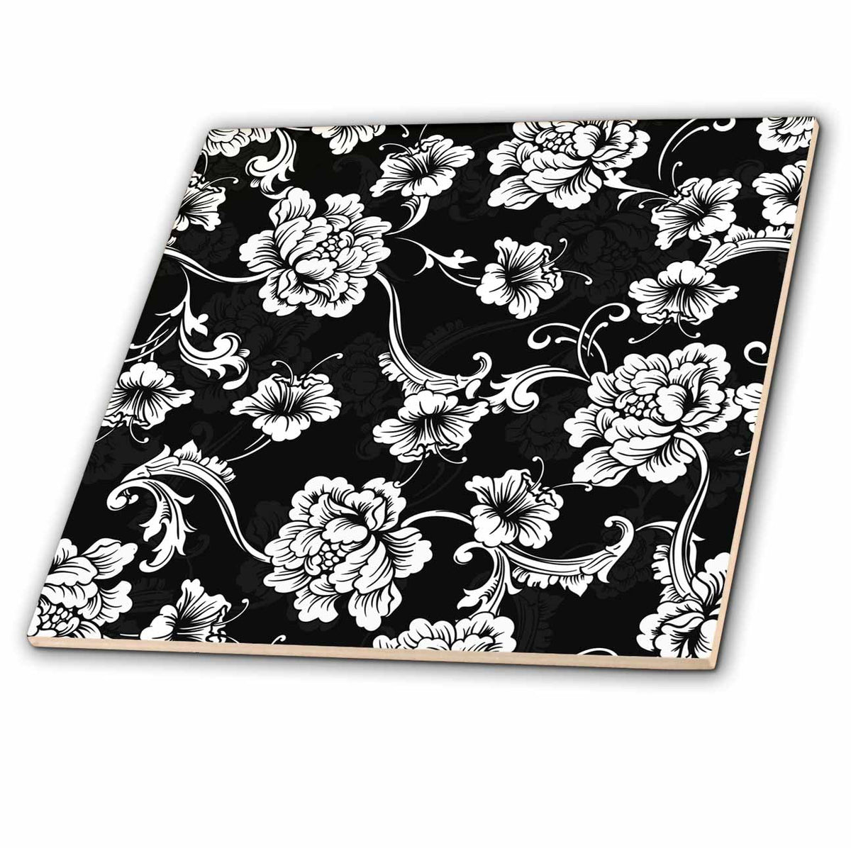 3dRose Elegant Black and White Baroque Floral Pattern - Tiles (ct-380339)