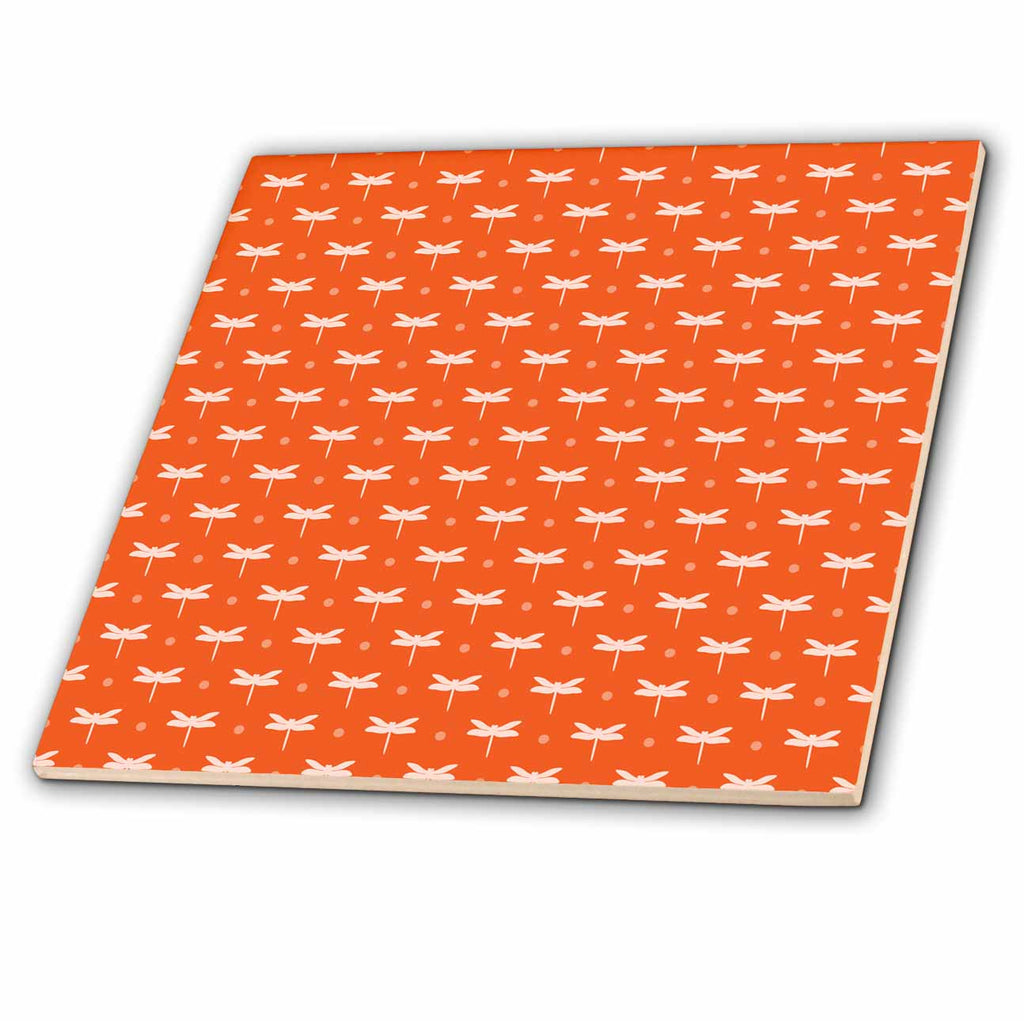 3dRose Anne Marie Baugh - Patterns - Orange and White Dragonfly Pattern - Tiles (ct-380349)