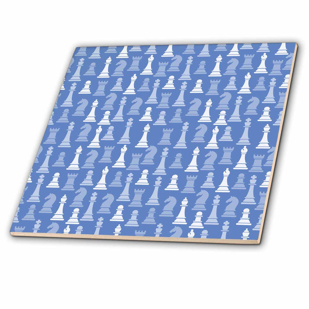 3dRose Anne Marie Baugh - Patterns - Light Blue and White Chess Pieces Pattern - Tiles (ct-380355)