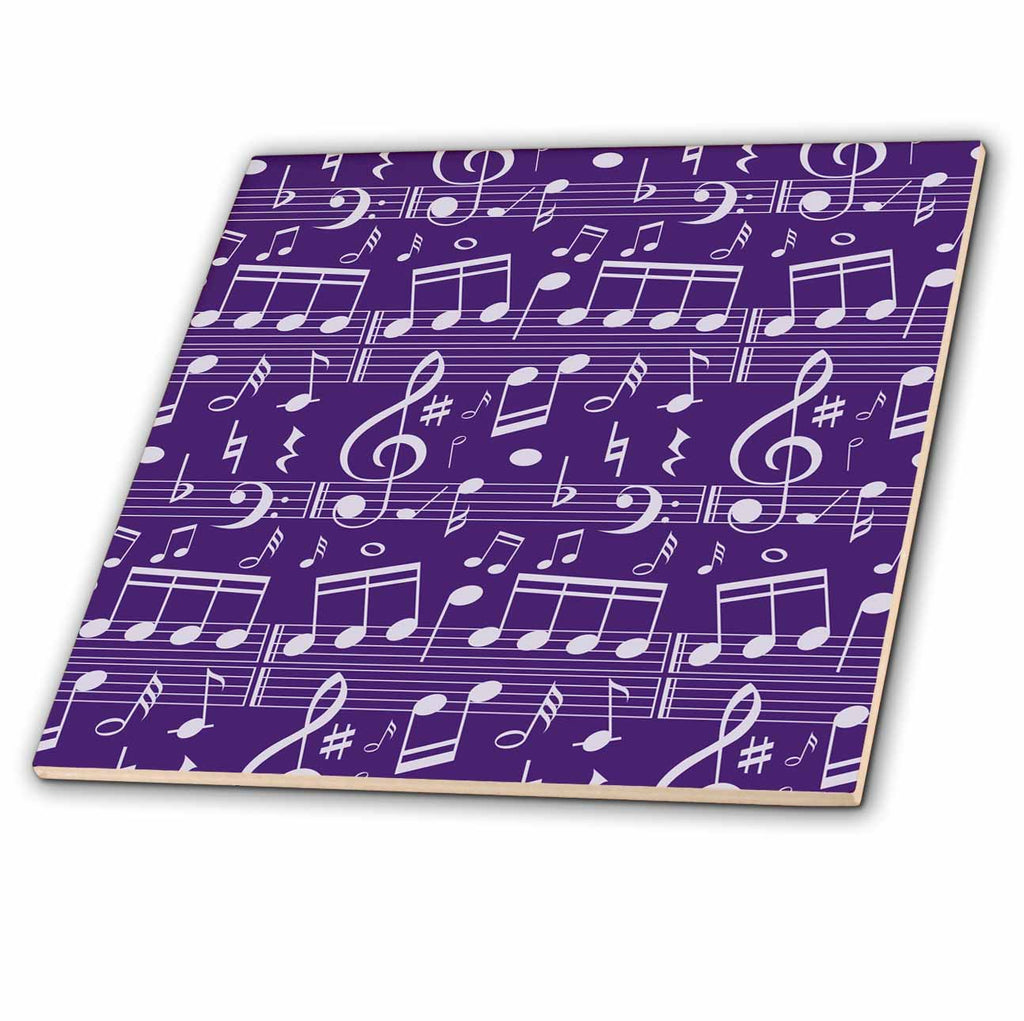 3dRose Anne Marie Baugh - Patterns - Cute Purple and White Musical Notes Pattern - Tiles (ct-380371)