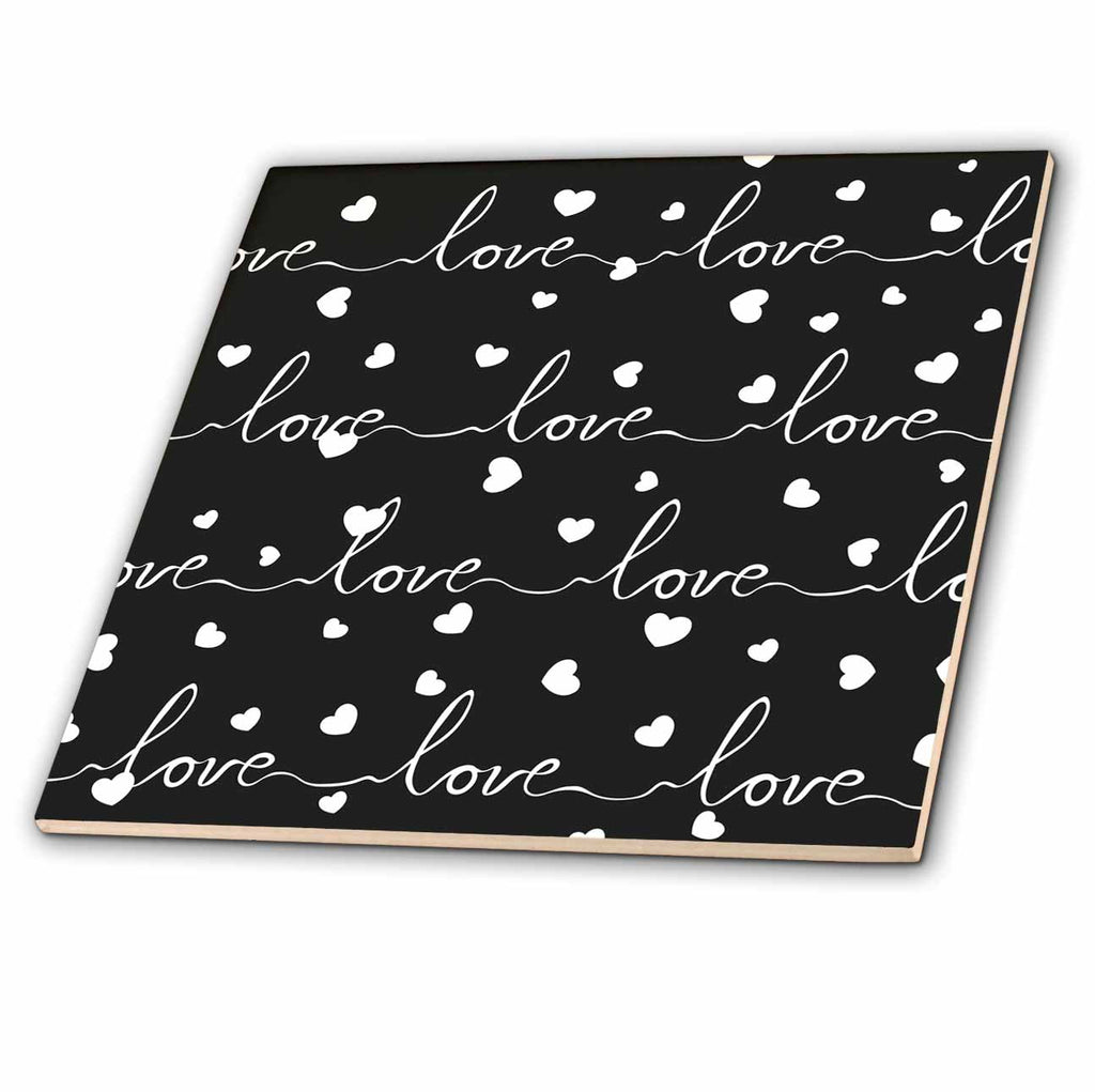 3dRose Black and White Cursive Love and Hearts Pattern - Tiles (ct-380372)