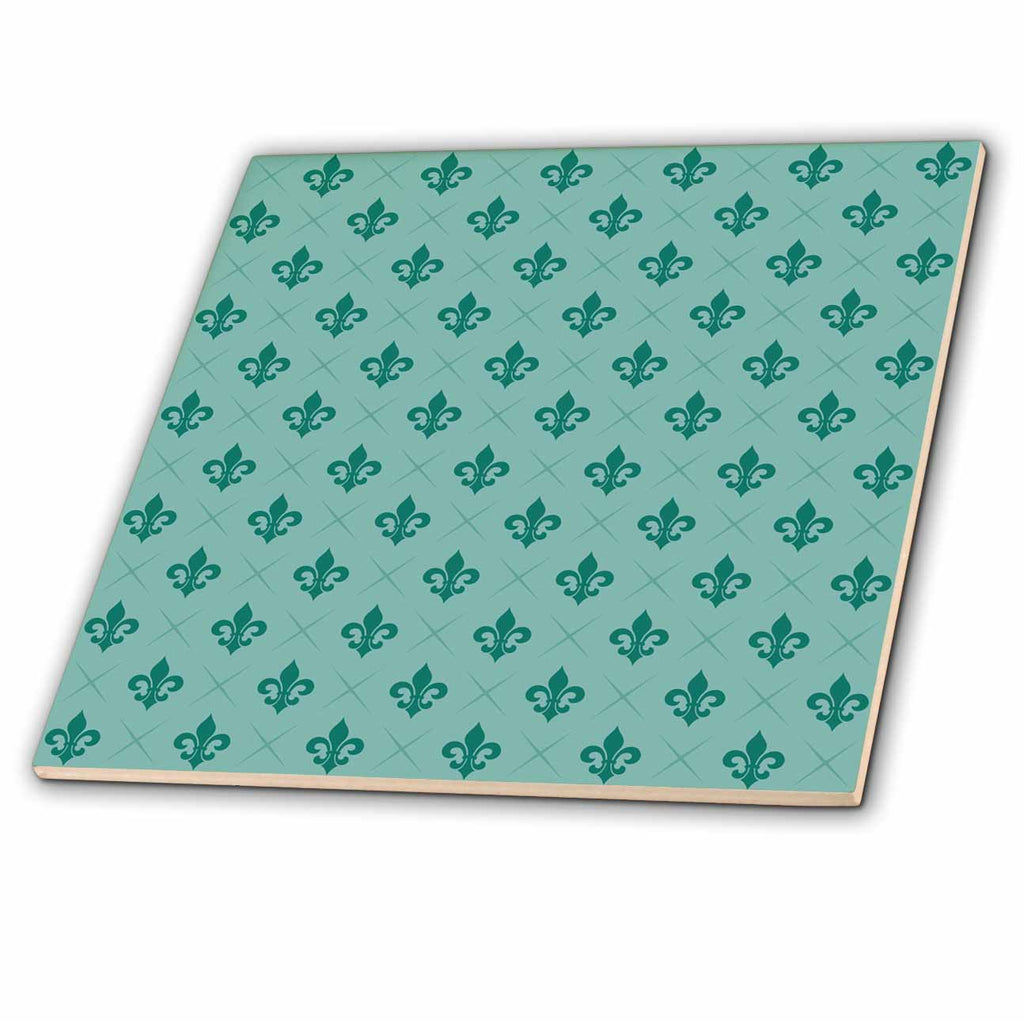 3dRose Anne Marie Baugh - Patterns - Green on Green Fleur De Lis Pattern - Tiles (ct-380387)