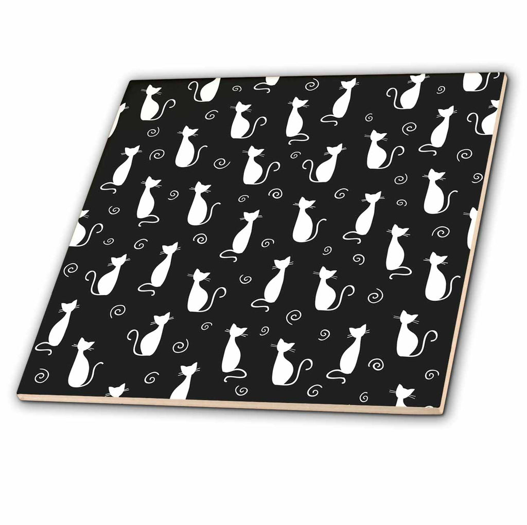 3dRose Cute Black and White Cat and Curly Cue Pattern - Tiles (ct-380393)