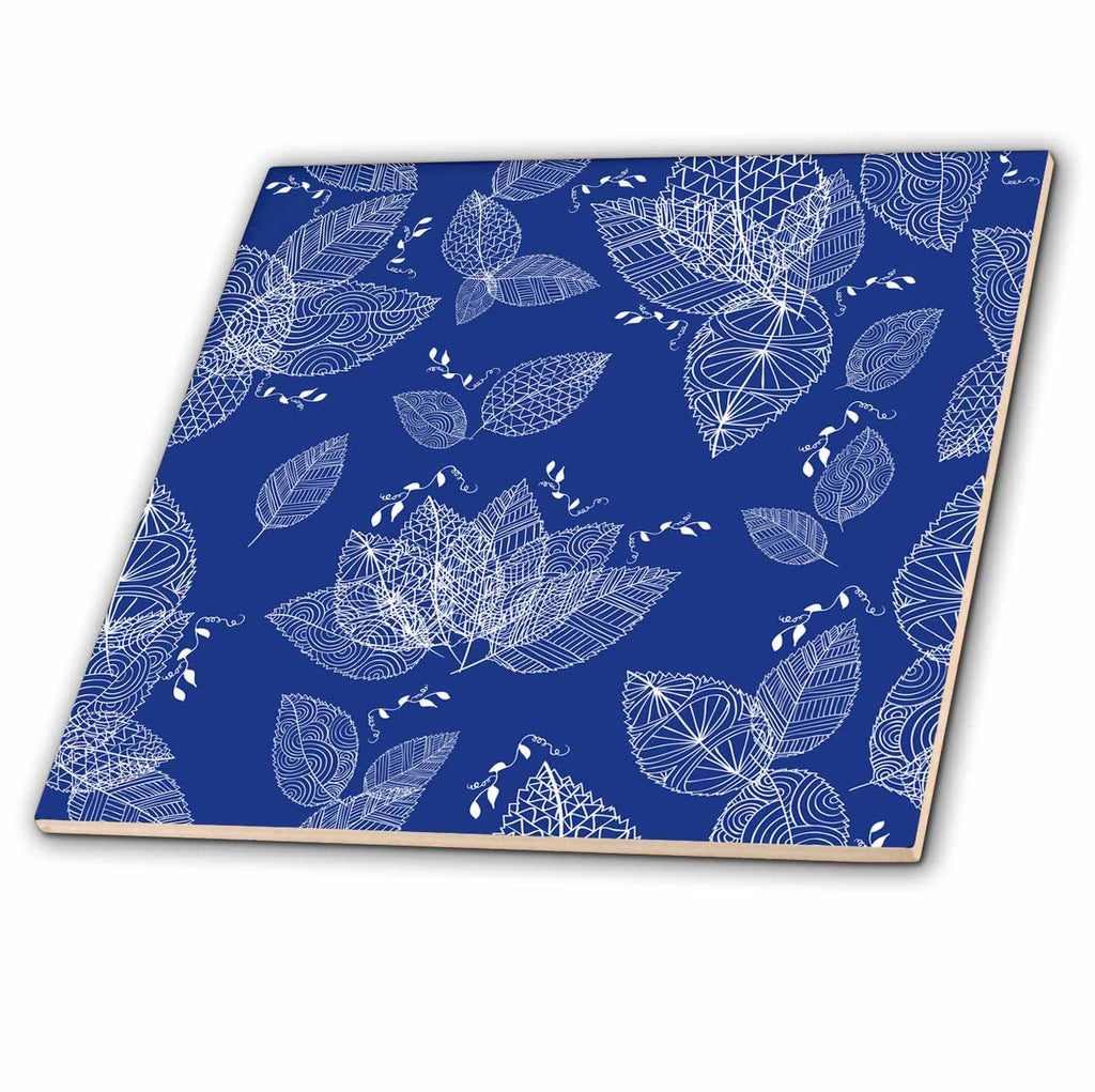 3dRose Anne Marie Baugh - Patterns - Bright Blue and White Skeleton Leaf Pattern - Tiles (ct-380395)