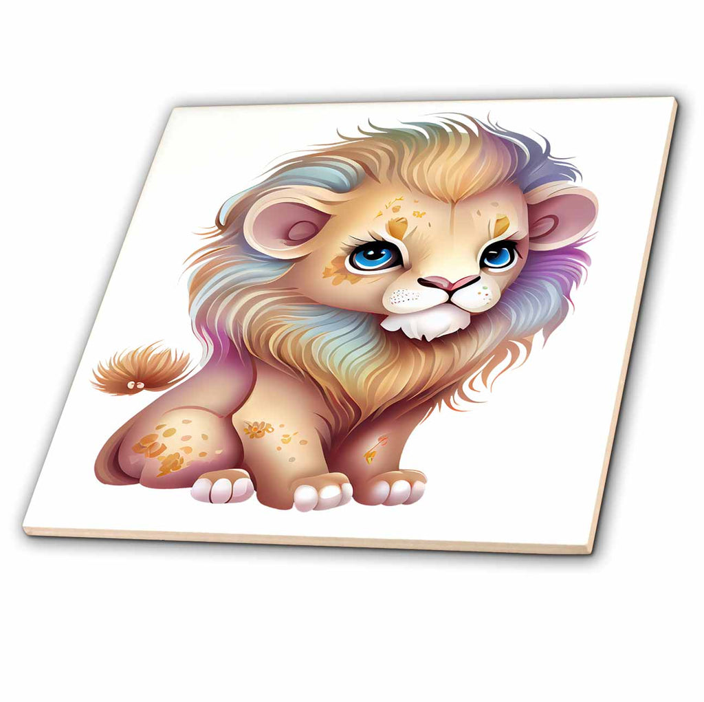 3dRose Pretty Yellow, Purple, Blue Gradient Lion Illustration - Tiles (ct-381370)