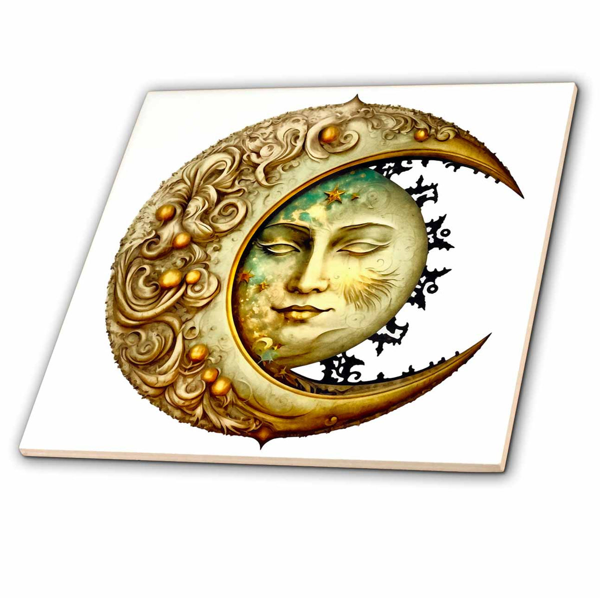 3dRose Ornamental Moon Half and Sun Illustration - Tiles (ct-381406)