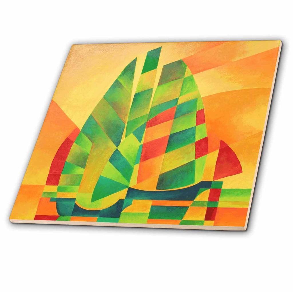 3dRose Chinese Junks, Sunset, Sails and Shadows Bold Cubism - Tiles (ct-381473)